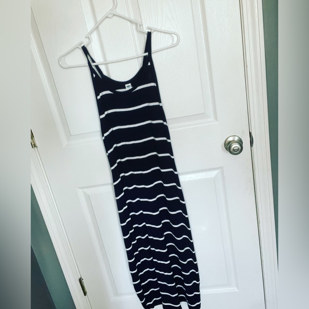 Navy and white stripped dress with a slit